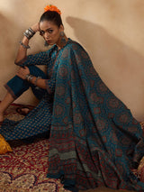 Women's Teal Printed Straight Kurta Trousers With Dupatta Set
