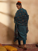 Women's Teal Printed Straight Kurta Trousers With Dupatta Set