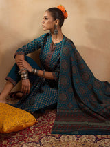 Women's Teal Printed Straight Kurta Trousers With Dupatta Set