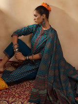 Women's Teal Printed Straight Kurta Trousers With Dupatta Set
