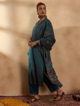 Women's Teal Printed Straight Kurta Trousers With Dupatta Set