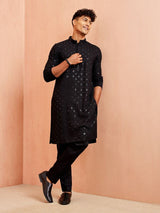 Men's Black Rayon Sequin & Thread Embroidered Festive Kurta