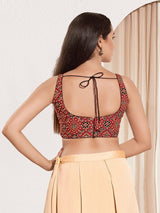Women's Maroon Cotton Padded Back Open Sleeveless Saree Blouse