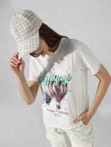 Women's White Knitted Casual Printed Regular Fit Half Sleeves Tshirt