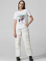 Women's White Knitted Casual Printed Regular Fit Half Sleeves Tshirt