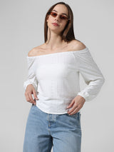 Women's White Knitted Casual Solid Regular Fit Full Sleeves Top