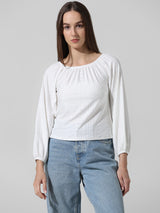 Women's White Knitted Casual Solid Regular Fit Full Sleeves Top