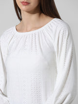 Women's White Knitted Casual Solid Regular Fit Full Sleeves Top