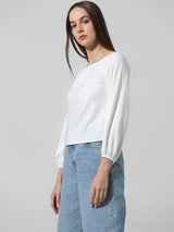 Women's White Knitted Casual Solid Regular Fit Full Sleeves Top