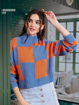Women's Multicolor Casual Oversized Fit Colorblocked Full Sleeves Sweater
