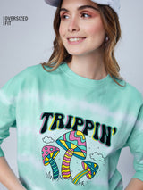 Women's Green Casual Oversized Fit Graphic Full Sleeves Sweatshirt
