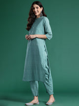 Women's Blue Printed Straight Kurta Trousers With Dupatta Set