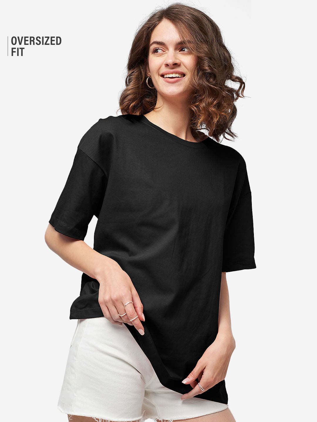 Women's Black Casual Oversized Fit Solid Half Sleeves Tshirt