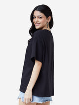 Women's Black Casual Oversized Fit Printed Half Sleeves Tshirt