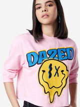 Women's Pink Casual Regular Fit Graphic Full Sleeves Sweatshirt