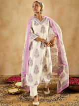 Women's White Printed Straight Kurta Trouser With Dupatta set