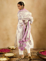 Women's White Printed Straight Kurta Trouser With Dupatta set