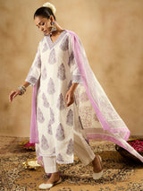 Women's White Printed Straight Kurta Trouser With Dupatta set