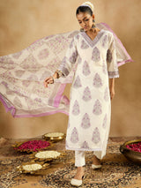 Women's White Printed Straight Kurta Trouser With Dupatta set