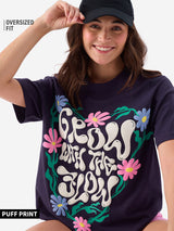 Women's Blue Casual Oversized Fit Printed Half Sleeves Tshirt