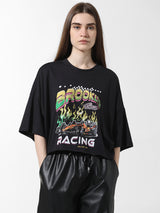 Women's Black Knitted Casual Printed Cropped Half Sleeves Tshirt