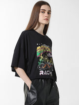 Women's Black Knitted Casual Printed Cropped Half Sleeves Tshirt