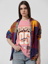 Women's Pink Knitted Casual Printed Regular Fit Half Sleeves Tshirt