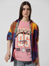 Women's Pink Knitted Casual Printed Regular Fit Half Sleeves Tshirt