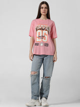 Women's Pink Knitted Casual Printed Regular Fit Half Sleeves Tshirt