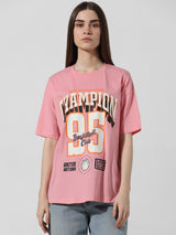 Women's Pink Knitted Casual Printed Regular Fit Half Sleeves Tshirt