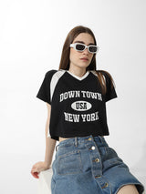 Women's Black Knitted Casual Printed Cropped Half Sleeves Tshirt