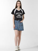 Women's Black Knitted Casual Printed Cropped Half Sleeves Tshirt