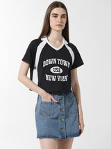Women's Black Knitted Casual Printed Cropped Half Sleeves Tshirt