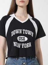 Women's Black Knitted Casual Printed Cropped Half Sleeves Tshirt