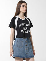Women's Black Knitted Casual Printed Cropped Half Sleeves Tshirt