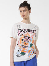 Women's White Knitted Casual Printed Regular Fit Half Sleeves Tshirt