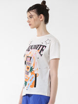 Women's White Knitted Casual Printed Regular Fit Half Sleeves Tshirt
