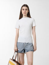 Women's White Knitted Casual Solid Regular Fit Half Sleeves Tshirt