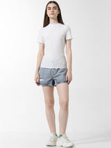 Women's White Knitted Casual Solid Regular Fit Half Sleeves Tshirt