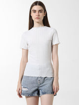 Women's White Knitted Casual Solid Regular Fit Half Sleeves Tshirt