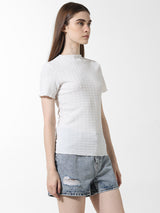 Women's White Knitted Casual Solid Regular Fit Half Sleeves Tshirt