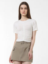 Women's White Knitted Casual Solid Cropped Half Sleeves Tshirt