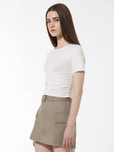 Women's White Knitted Casual Solid Cropped Half Sleeves Tshirt