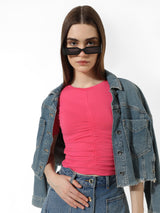 Women's Pink Knitted Casual Solid Cropped Half Sleeves Tshirt