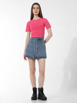 Women's Pink Knitted Casual Solid Cropped Half Sleeves Tshirt
