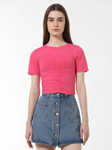 Women's Pink Knitted Casual Solid Cropped Half Sleeves Tshirt