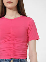 Women's Pink Knitted Casual Solid Cropped Half Sleeves Tshirt