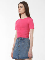 Women's Pink Knitted Casual Solid Cropped Half Sleeves Tshirt