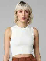 Women's White Knitted Casual Solid Cropped Sleeveless Top