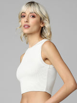 Women's White Knitted Casual Solid Cropped Sleeveless Top